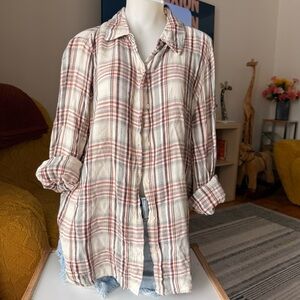 Max Studio Cream Plaid Shirt with Rust and Teal Stripes